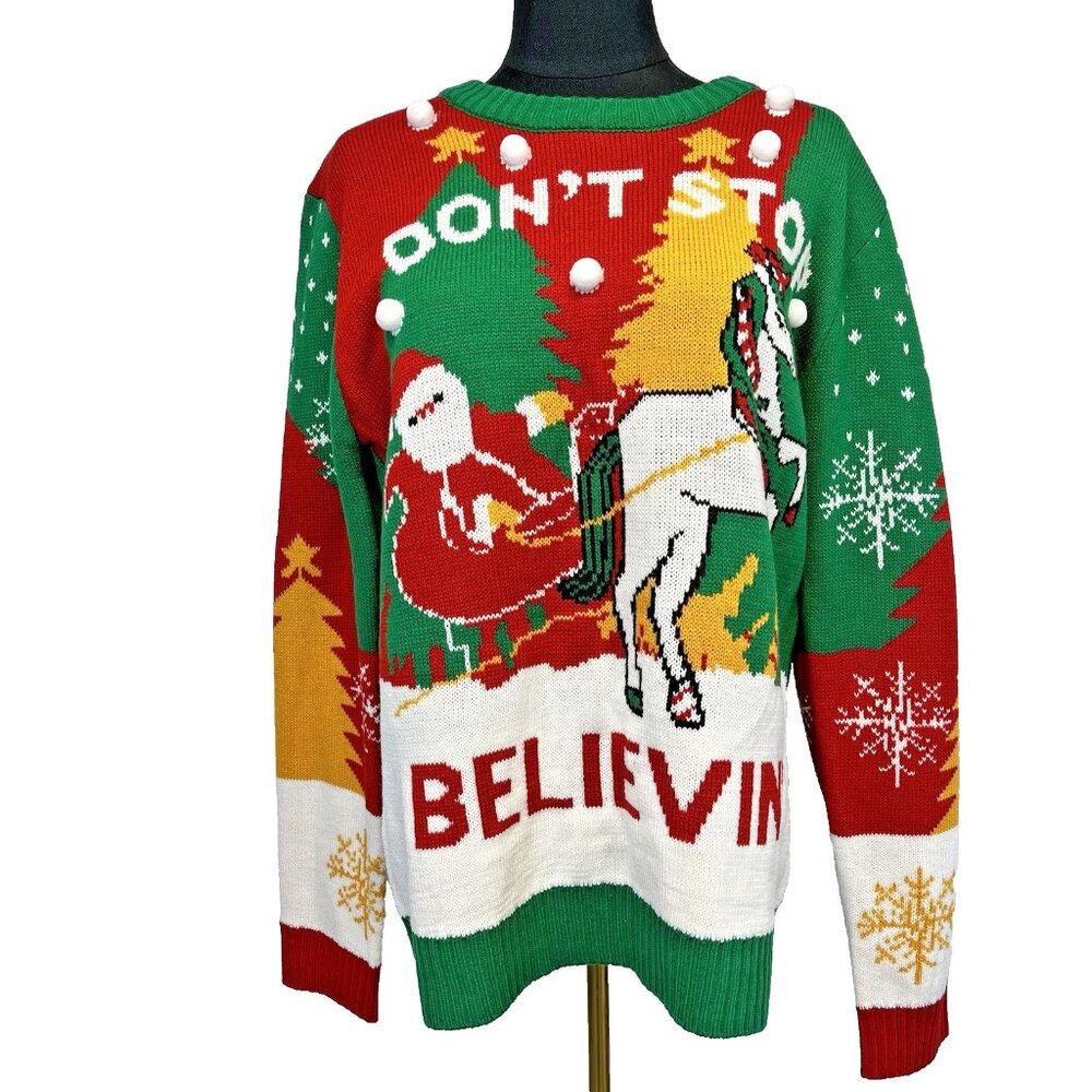 "Ugly" Christmas Sweater Size XL Don't‎ Stop Believin' Unicorn Party Colorful
